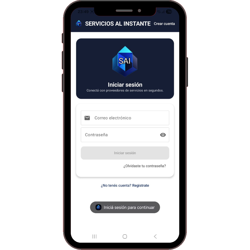 Mockup de la aplicación SAI Servicios al Instante en un teléfono móvil